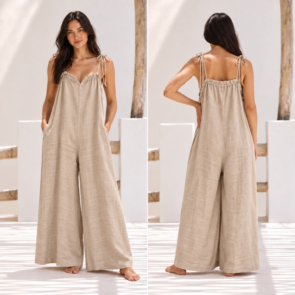 Myrah Penaloza Kundalini Linen Jumpsuit Wide Leg One Size Beige Tie Strap Romper